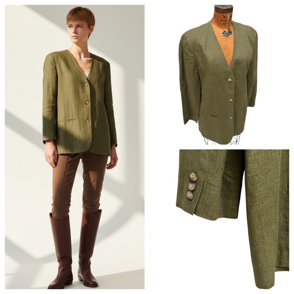 90' Liz Claiborne Olive Green Linen Collarless Blazer Jacket Sz 10 Old Money Vtg